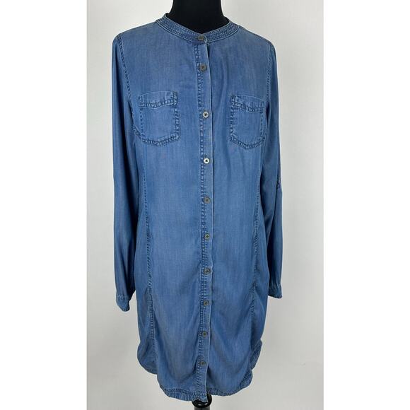 Prana Size Large Aliki Roll Tab Sleeve Antique Denim Chambray Shirt Dress - Picture 2 of 8
